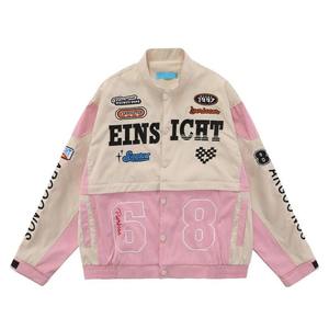 Chaqueta Bomber de Cuero Rosa Extra Grande para Mujer, Estilo Racing Bordado, Estilo Universitario, Ropa Urbana - Product Image 1