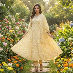 Ensemble Anarkali Kurta pour femmes, imprimé floral jaune, col en V, robe évasée, pantalon assorti, dupatta, tenue traditionnelle élégante décontractée ethnique - Product Image 2