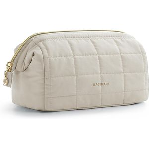 Trousse de maquillage de voyage beige M à ouverture large, trousse à cosmétiques rectangulaire matelassée avec étui à maquillage rembourré et gonflé - Product Image 1