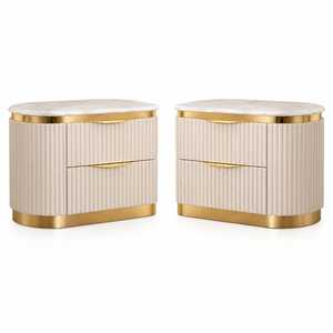 Modern Upholstered Platform <b>Bed</b> <b>with</b> Fluted Headboard Gold Accent Designer Bedroom Furniture Set Ivory Cream King <b>Queen</b> <b>Bed</b> - Product Image 5