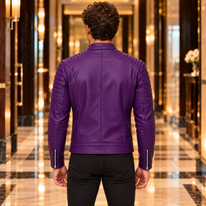 Men's <b>Sheep</b> <b>Skin</b> Leather Biker <b>Jacket</b> with Stand Collar Zipper Slim Fit Breathable Winter Motorcycle <b>Jacket</b> OEM Custom Branding - Product Image 4
