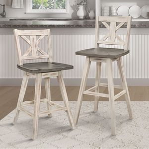 Set di 2 Sedie da Bancone Bianche e Grigie, Girevoli a 360 Gradi, in Legno di Gomma Massiccio, Sgabelli da Bar con Schienale a X per Cucina e Sala da Pranzo - Product Image 6