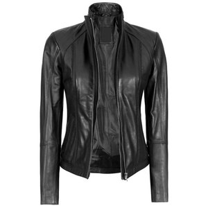 Custom Slim Fit Women’s Black Genuine Lambskin Leather Cafe Racer <b>Jacket</b> Vintage Biker Style Moto Coat with Stand Collar - Product Image 3