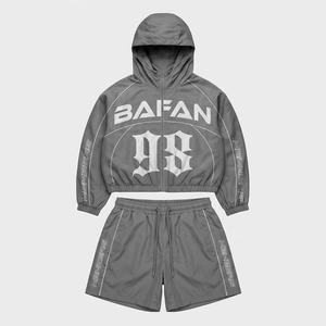 Conjunto corto cortavientos para mujer, 125 GSM, tela ligera de poliéster y spandex, paneles morados en contraste, bordado personalizado, talla grande - Product Image 4