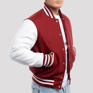 <b>Mens</b> Casual <b>Varsity</b> <b>Jacket</b> Red White Custom Letterman Baseball <b>Bomber</b> College PU Leather Sleeves Breathable OEM Manufacturer - Product Image 1