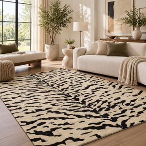 Hand Tufted Wool Area <b>Rug</b> <b>Black</b> and Ivory Animal Stripe Low Pile for Living Room and <b>Bedroom</b> - Product Image 1