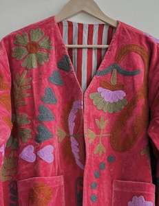 <b>Women's</b> Red <b>Velvet</b> Embroidered Floral <b>Jacket</b> Boho Open Front Coat <b>Women</b> Floral Embroidered <b>Jacket</b> <b>Women</b> Boho <b>Jacket</b> - Product Image 4