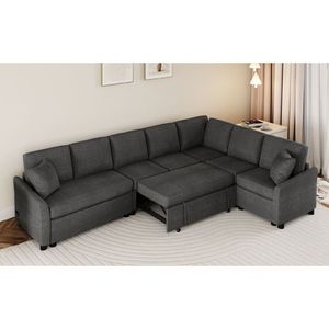 124.8\" L-Shaped Convertible <b>Sofa</b> Bed Pull Out <b>Sleeper</b> with Two Back Pillows Two USB Ports Two Power Sockets - Product Image 2