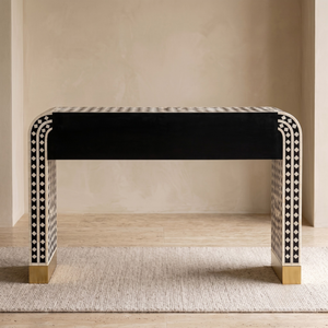 Console en os incrusté, table en os incrusté avec 2 tiroirs de rangement, console pour salon, table console en bois - Product Image 2