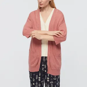 HDNT23007 Three-quarter sleeves and patch pockets on the front sides open cotton and linen long cardigan