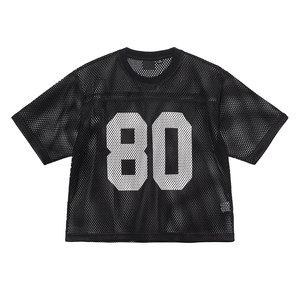 Women's Black <b>Mesh</b> <b>Crop</b> <b>Top</b> Crew Neck Short Sleeve Breathable Sporty T-Shirt With Logo Print - Product Image 5