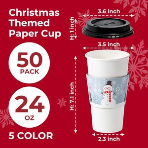 Bicchieri di Carta Natalizi Usa e Getta da 24 oz con Coperchi, Confezione da 50 con Manicotti Anti-Goccia, Bicchieri Durevoli per le Feste - Product Image 3