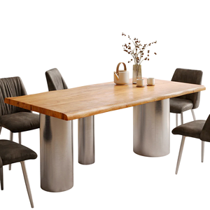 โต๊ะรับประทานอาหารทรงสี่เหลี่ยมหน้าไม้เนื้อแข็งอะคาเซียขอบธรรมชาติ พร้อมฐานสแตนเลสสตีลหรูหราสไตล์ริชลักชัวรี - Product Image 5