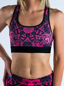 Soutien-gorge de sport dos nageur pour femme, imprimé cachemire rose et noir, maintien moyen, pour yoga et entraînement, respirant, en Spandex et Polyester - Product Image 6