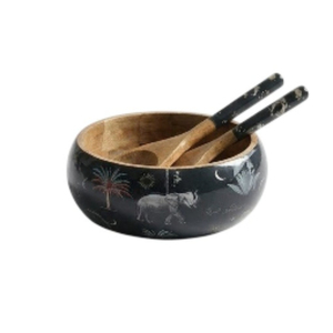 Stylish Decorative Wooden Serving <b>Bowl</b> and Spoon Set <b>Large</b> 10-Inch Enamel Coated Salad <b>Bowl</b> for Home & Hotel Supply - Product Image 2