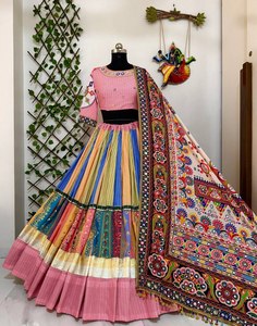 <b>Indian</b> Designer Floor-Length Loose Fit Lehenga Muslin Cotton Printed & Mirror Work Lampi Lace Work Lehenga & Choli Print Dupatta - Product Image 1