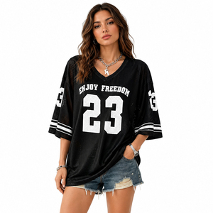 T-shirt de football en maille surdimensionné pour femme, coupe décontractée, style streetwear, haut d'été - Product Image 1