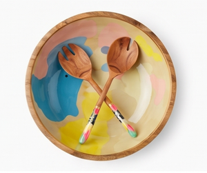 Bol en bois artisanal de qualité supérieure avec intérieur coloré et deux cuillères en bois pour servir la salade, vaisselle de cuisine moderne - Product Image 4