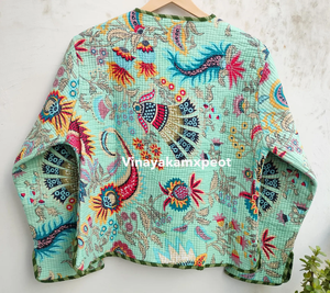 เสื้อแจ็คเก็ตผ้าฝ้ายพิมพ์ลายทรอปิคอลแบบกันธา  ผ้าถักนิตติ้งระบายอากาศได้ดี  งานปักลายสดใส  ดีไซน์แฮนด์เมด - Product Image 3