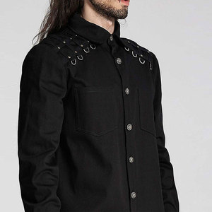 <b>Men's</b> Gothic D-Rings Long Sleeve Shirt Black Twill Denim <b>Studded</b> Shoulder Webbing Buttons Rock Party Top - Product Image 2