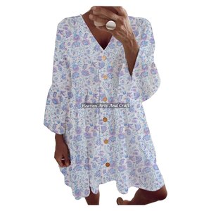 Haut plissé 100 % coton imprimé au bloc, hauts de créateur tendance pour femme, hauts ajourés sur toute la surface, robe de printemps-été, hauts à manches cloche - Product Image 2