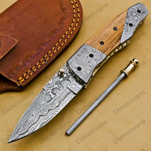 Couteau de poche pliant en acier Damas fait main, lame tranchante comme un rasoir, pour le camping, la chasse, la survie tactique, EDC - Product Image 5