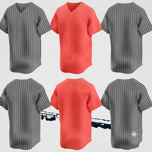 Coral Red Baseball Jersey Stitched Team Uniform Personalized Athletic Wear Grey Pinstripe Unisex V-neck 100% Cotton - Product Image 2