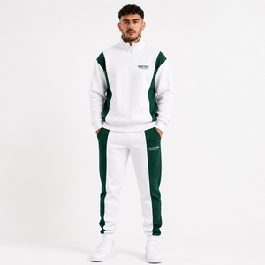 Men's <b>White</b> Green Color Block Hooded 2 in 1 Printed Tracksuit Set Quarter-Zip Sweatshirt <b>Joggers</b> Full Sleeve Casual Autumn Wear - Product Image 1