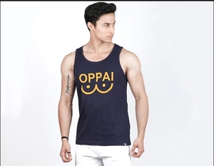 Camiseta sin mangas azul marino estampada para hombre, cuello redondo, informal, de algodón tejido, con diseño de logotipo frontal. - Product Image 6