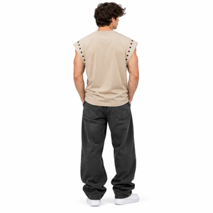 Men's Beige Graphic Print <b>Sleeveless</b> <b>T</b>-<b>Shirt</b> Custom Streetwear Muscle Tank Top with Studded Shoulder Details - Product Image 2