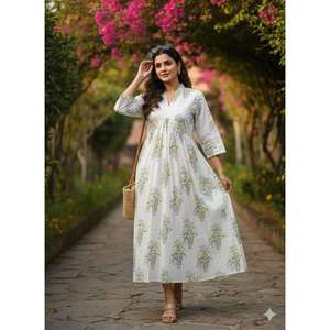 Vestido Maxi Floral Blanco Llamativo para Mujer, Vestido Casual con Cuello en V, Vestido Estampado de Algodón Estilo Boho, Proveedor de Vestidos de Moda - Product Image 1