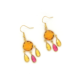 Boucles d'oreilles pendantes bohèmes faites à la main en citrine rose fuchsia multi-pierres précieuses |   Mariage |   Laiton plaqué or 18 carats sans nickel - Product Image 2