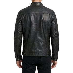 Blouson en cuir noir mat souple, col standard, fermeture éclair avant, panneaux minimalistes à coutures plates, style streetwear, vente en gros - Product Image 2