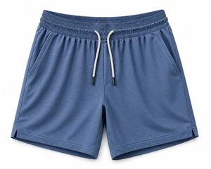 Shorts Bermuda décontractés pour hommes en tissu tricoté polyester bleu uni, écologiques, à taille élastiquée avec cordon de serrage, séchage rapide, taille mi-haute, vente en gros - Product Image 1