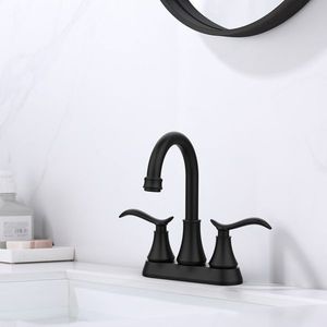 Rubinetto per lavabo da bagno a 2 maniglie con beccuccio girevole a 360 gradi, 4 pollici, con scarico a scomparsa e tubi di alimentazione, nero opaco, 4 fori centrali - Product Image 2