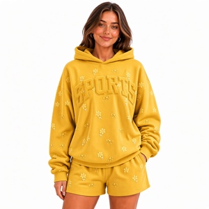 Ensemble de survêtement pour femme de haute qualité, blanc, brodé de fleurs, coupe ample, en coton, sportif, toutes saisons, deux pièces avec détail nœud - Product Image 6