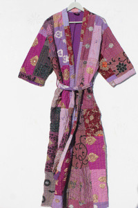Robe kimono Kantha patchwork violette 100% coton brodée, vêtement de détente, peignoir ceinturé, tenue décontractée - Product Image 4