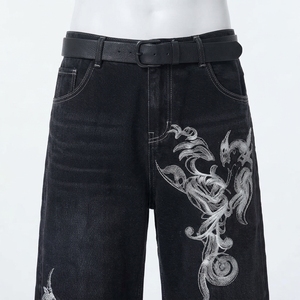 Jeans de Mezclilla de Cintura Alta y Pierna Ancha para Hombre, con Bordado Floral, Corte Holgado, Estilo Urbano de Algodón, para Otoño - Product Image 3