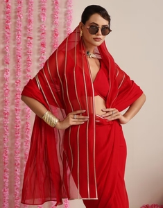 KV <b>Red</b> and Gold Triangle Impression Georgette <b>Saree</b> With Unstitched Blouse - Product Image 1