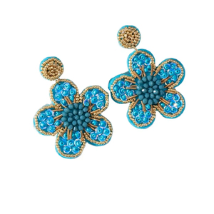 Magnifiques boucles d'oreilles brodées de perles de couleur bleu et or pour filles, prix de gros en provenance d'Inde - Product Image 1