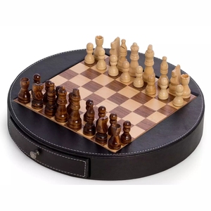 Jeu d'échecs en bois de qualité supérieure, plateau rond en cuir avec 2 tiroirs intégrés, jeu de société classique, jeu d'échecs de luxe en gros pour cadeau - Product Image 2