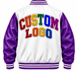 Custom Logo Varsity Jacket <b>Men's</b> White <b>Purple</b> Embroidered Letter Front Design Regular Fit Autumn Wear - Product Image 2