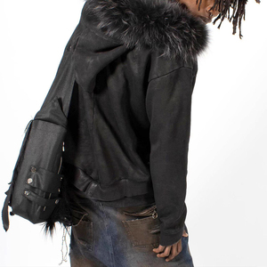 Blouson moto zippé à capuche en fausse fourrure noire pour homme, coupe classique, coupe-vent, doublure polaire, hiver - Product Image 4