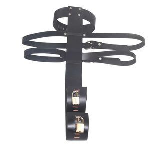 Black Leather <b>Bodysuit</b> Restraint With Neck Collar And Lockable Straps For Full Body Control - Product Image 3