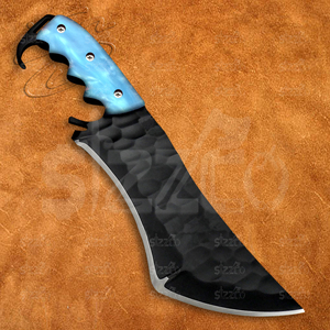 Couteau Tracker Premium Fait Main Personnalisé avec Manche en Résine Bleu Nacré et Lame en Acier D2 Thermolaqué, Full Tang, pour Bushcraft et Survie - Product Image 2