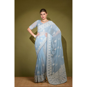 Saree งานออกแบบงานเธรดกับเสื้อ unstitched สีเทา - Product Image 1