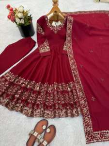 wholesale roman silk anarkali suit with embroidery sequence work full sleeves gown 3.75 meter flare <b>wedding</b> wear - Product Image 5