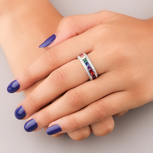 Bague classique Eternity avec diamants naturels ronds sertis pavé, plaqué rhodium, argent 925, unisexe, pour mariage et fiançailles - Product Image 4