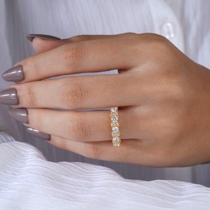 Modern 14K Yellow Gold Moissanite Wedding Band Unique Alternating Round and Baguette Cut <b>Stacking</b> <b>Ring</b> for Women Bold Jewelry - Product Image 5