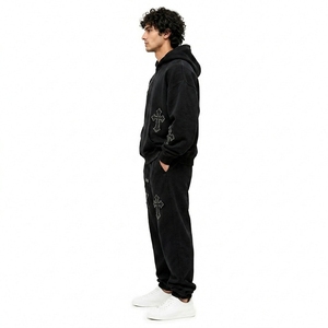 Men 2 Piece Gothic Tracksuit Set Oversized Hoodie Jogger Star Cross Patch Applique Fleece Custom OEM Wholesale Manufacturer - Product Image 3